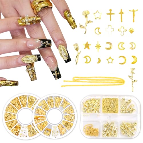 Nayyana 3 Box goldenes Nagel-Charm-Set mit goldenem Kreuz, Stern, Rose und Mond – Y2K 3D-Chrom-Nageldekorationen, Ohrstecker, Nagelkunstzubehör für Nägel, Dekor, Basteln, DIY von Nayyana