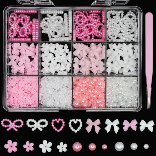 Nayyana 3D rosa weiße Schleifen Nagel-Charms, Acryl-Frühlingsblüte, kleine Blumen, Herz-Perlen, Nagel-Charms, verschiedene Größen, Perlen mit flacher Rückseite, Nagel-Charms für Maniküre von Nayyana