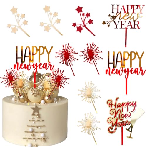 10 Stück Happy New Year Cake Toppers Silvester Party Supplies Gold Rot Feuerwerk Stern Kelch Silvester 2025 Cupcake Topper Dekorationen für Silvester Feiertage Party Dekorationen von Ncozwo