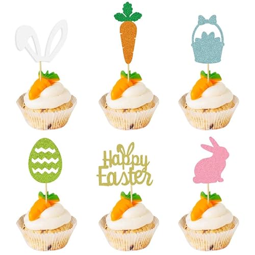 12 Stück Happy Easter Glitter Bunny Cupcake Toppers Glitter Karotte Ei Cupcake Dekorationen mit Stäbchen zum Backen Ostern Kaninchen Thema Hochzeit Cupcake DIY Dekoration Supplies von Ncozwo