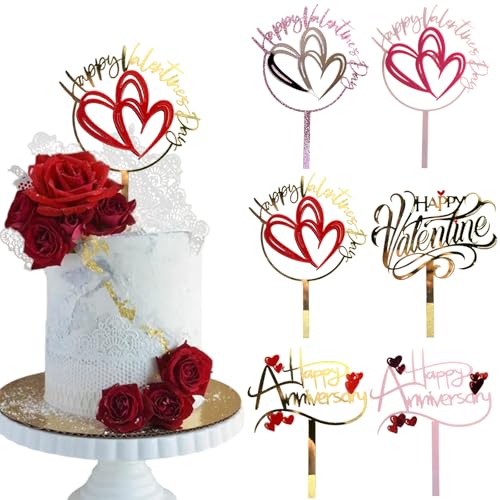 6 Stück Happy Valentine's Day Acryl-Kuchenaufsätze Herz Liebe Kuchendekorationen Happy Anniversary Kuchendekorationen zum Backen Happy Engagement Jahrestag Hochzeit DIY Cupcake Dekoration Supplies von Ncozwo