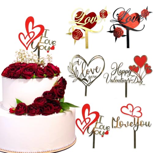 6 Stück Herz Love Acryl Tortenaufsätze rote Rose I Love You Cake Toppers Happy Valentine's Day Cake Decors for Baking Happy Engagement Anniversary Wedding DIY Cupcake Decoration Supplies von Ncozwo