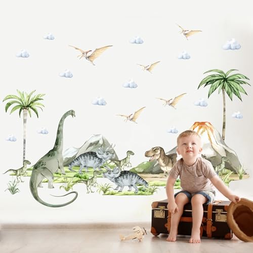 Wandtattoo Dinosaurier Set, Dinosaurier Groß Wandaufkleber, Wandsticker Tiere Kinderzimmer, Jungen Wandaufkleber für Babyzimmer, Dino Palmen Wanddeko Sticker (120 * 70cm) von Necdeol