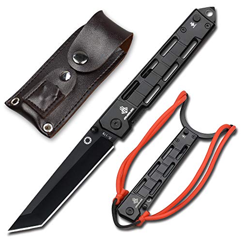 NedFoss DG-BK Tanto Klappmesser, Scharfes Tanto Messer, 9CM Einhandmesser mit Scheide, Slingshot Schleuder mit Gummiband, Zwille Steinschleuder, Taschenmesser für Outdoor, Sammlung & Geschenk von NedFoss