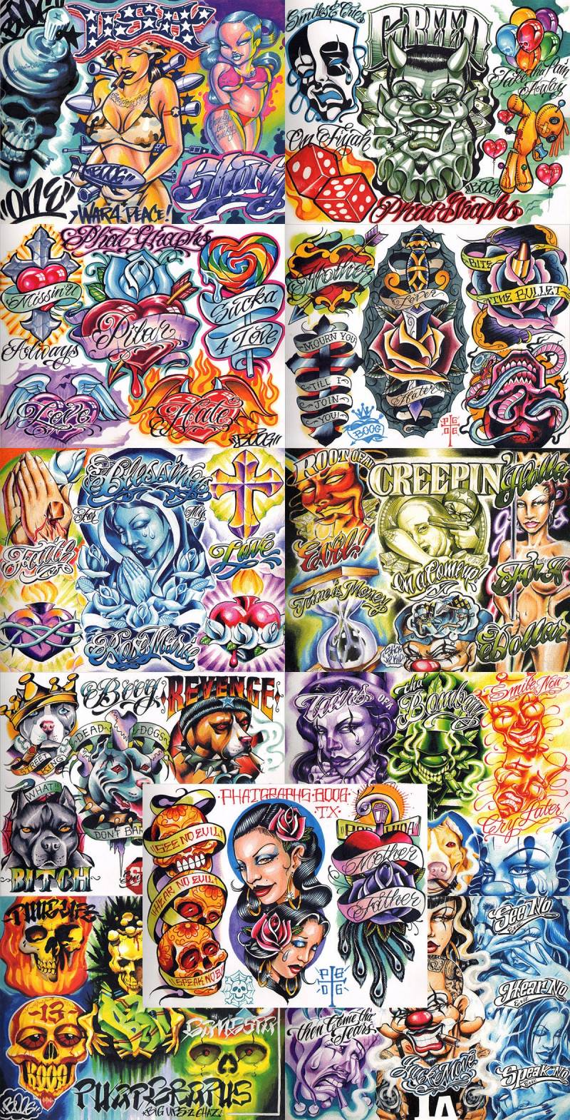 Boog From The Streets With Love Gangsta Style Tattoo Flash 11 Sheet Set 11x14" H, Tolles Shop Investment Für Display, Lowrider Art von NeedfulThingsByMatt