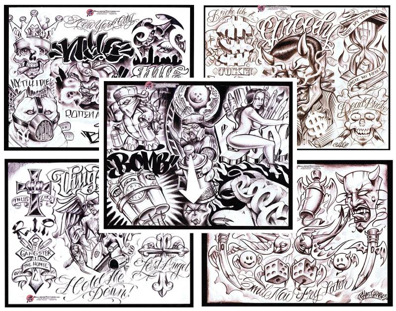 Boog Gangsta Style Tattoo Blitz Set 5 Blatt Mit Linework, Gangster, 11x14" 4 von NeedfulThingsByMatt