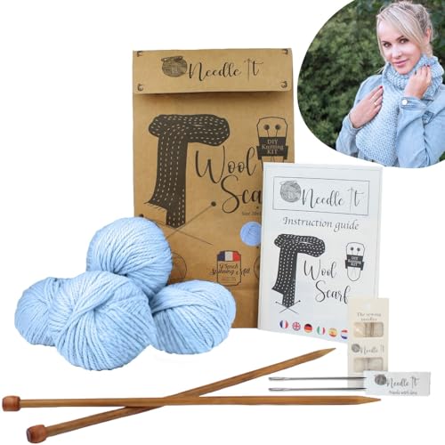 Needle It® - Komplettes Strickset für Anfänger mit Stricknadeln - Strickschal aus Wolle - Geschenkidee (Himmelblau) von Needle It