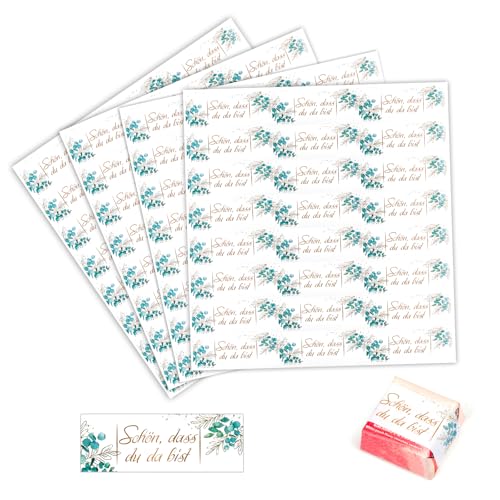 Aufkleber Schön Dass Du Da Bist, 96 Stück Rechteckig Sticker Schön Dass Du Da Bist, Eukalyptus Gastgeschenke Sticker, Pralinenaufkleber für Hochzeit Geburtstag Taufe Kommunion Deko (5 x 1,8cm) von Neerow