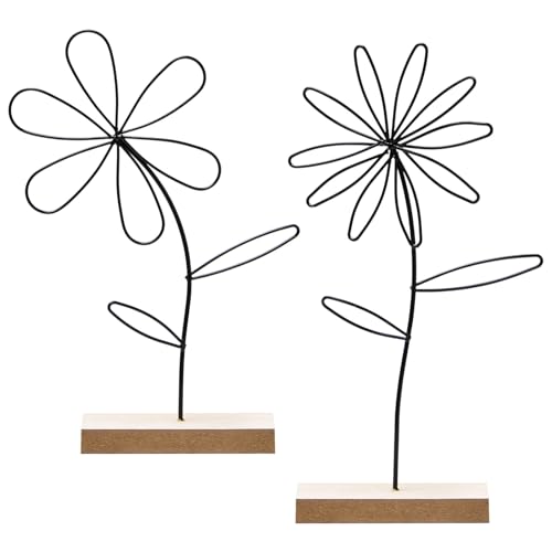 Neikafan 2er Set Deko Aufsteller Blume Metall auf Holz Sockel 24cm Metall Blumen Deko Schwarz Deko für Tischdeko Frühling Wohndeko Wohnzimmer Modern Stehend Blumen Deko zum Hinstellen und Verschenken von Neikafan