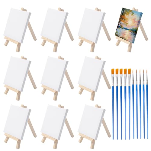 Neikafan Mini Leinwand Mit Staffelei Set 10 Leinwands 10x10cm,10 Kleine Staffeleis 15x8cm and 10 Pinsel Mini Staffelei Mit Leinwand Holz Für Malerei zum Zeichnen Tisch Deko Basteln von Neikafan