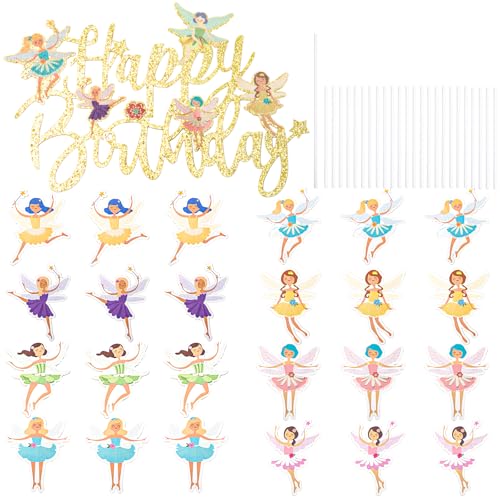 Neikafan Tortendeko Feen und Elfen 24 Stück und 1 Stück Feenwald Cake Topper Fairy Cupcake and Cake Decoration für Kindergeburtstag Party Babyparty Deko Figuren Blumenfee Torten Topper von Neikafan