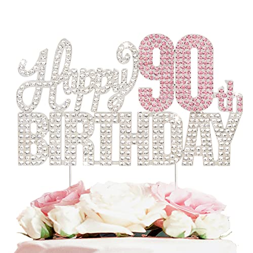 Nelbiirth Kuchendekoration mit Strasssteinen, Aufschrift "Happy 90th Birthday", silberfarben und rosa – Cheers to 90 Years Old 90th Bday", Metall, glitzernd, Tischdekoration von Nelbiirth