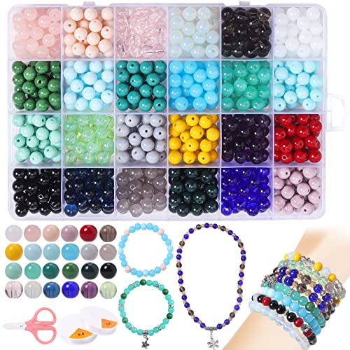 Nenjindz 600 Stück Glasperlen zum Auffädeln Erwachsene 8mm bunte Armband Handwerk Perlen Set, 24 Farbe Runde Perlen Basteln Armbänder DIY-Set für Ohrringe Selber Machen Set Armband Set von Nenjindz