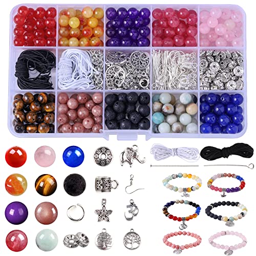 Nenjing 504 Stück Chakra-Lava-Perlen, 8 mm natürliche Halbedelstein-Kits zum Auffädeln von losen Armbändern Perlen für Erwachsene Bastelschmuck mit Geschenktüten von Nenjindz