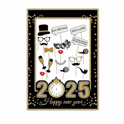 Nenluny 2025 Happy New Year Photo Booth Requisiten Kits Selfie Fotorahmen Requisiten Glitzer Bilderrahmen Requisiten für 2025 Silvester Party Dekorationen von Nenluny