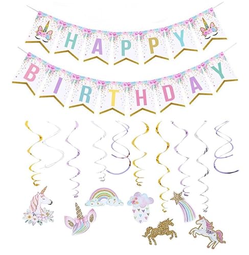 Nenluny Einhorn Happy Birthday Banner und Einhorn hängende Wirbel Dekorationen für Mädchen Einhorn Geburtstag Party Dekoration Supplies von Nenluny