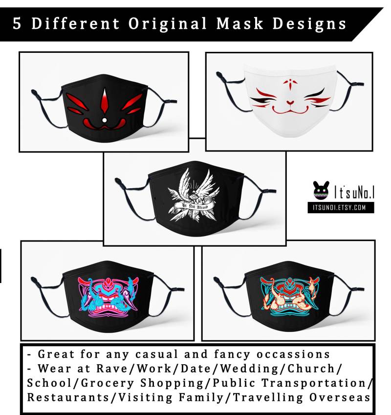 Original Design Gesichtsmaske Mit Aktivkohle Filter Oriental Anime Japanisch Inspirierte Kunstmasken Fox Kitsune Oni Mask Gesichtsbedeckung von NeonxBaby