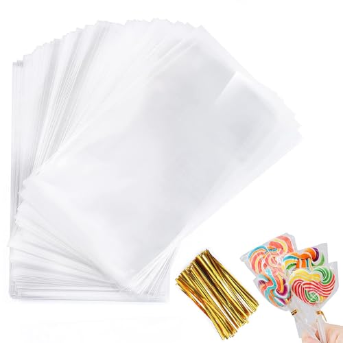 Neoreser 100 Stück Cellophantüten Klar, Geschenkfolie Transparent, Transparente Cellophantüten mit 100 Metallischen Bindebänder, transparent Kleine Plastiktüten für Süßigkeiten Schokolade Kekse von Neoreser