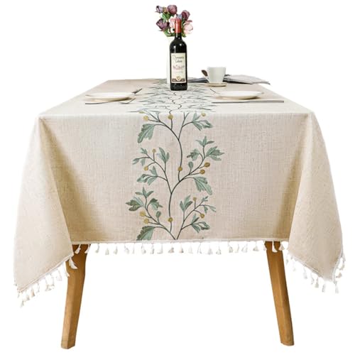 Tischdecke für rechteckigen Tisch 55x79 Zoll wasserdichte rechteckige Tischdecke mit Quasten knitterfreie Tischdecke mit gestickten Blättern für Küche Abendessen von Neroyaner