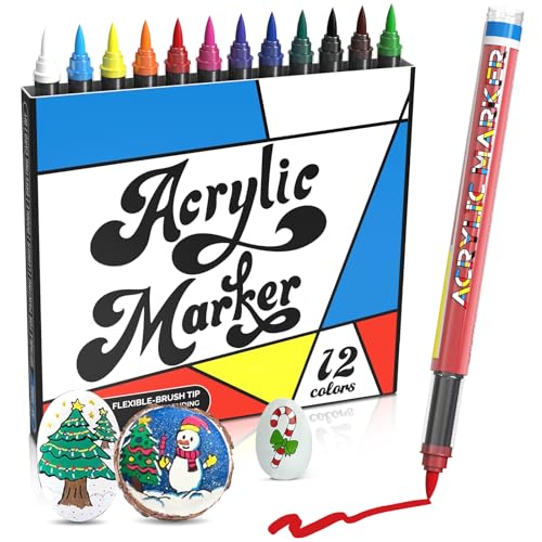 Nesayerk Acrylstifte für Steine Wasserfest, 12 PCS Acrylic Paint Marker Steine Bemalen Stifte mit Pinselspitze für Keramik, Glas, Kunststoff, Holz, Karton, Leder, Metall, Papier, Porzellan von Nesayerk