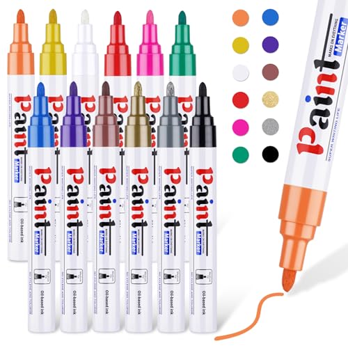 Nesayerk Permanent Marker Set Wasserfeste Steinmalstifte, 12 Farben Paint Marker Stifte für Steine Bemalen, Glas, Holz, Kunststoff, Metalle, Reifen, Keramik Tasse von Nesayerk