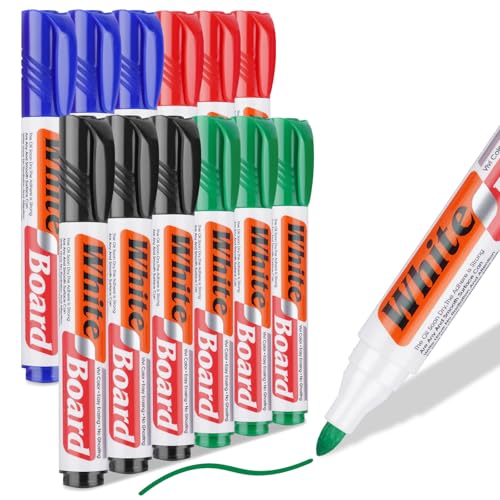 Nesayerk Whiteboard Marker Set, 12er Whiteboard Stifte Abwischbar mit 2-3mm Rundspitze, 4 Farben Whiteboard Marker Schwarz/Blau/Rot/Grün für Büro, Zuhause, Schule von Nesayerk