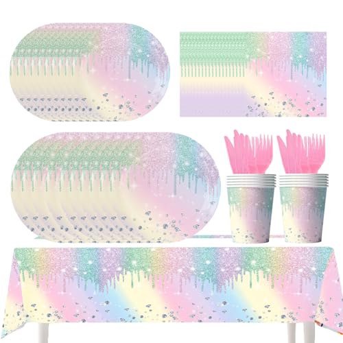 Nesloonp Regenbogen Partygeschirr Set 71 Pcs Regenbogen Diamant Geschirrset Enthält Teller Becher Servietten Tischtücher Regenbogen Thema Party Zubehör Set Für Babydusche Geburtstag Party (10 Gäste) von Nesloonp