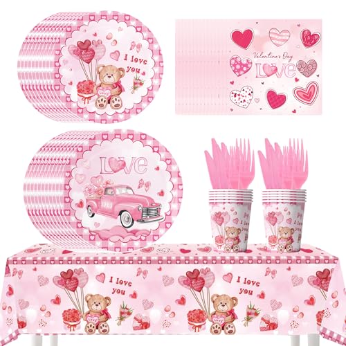 Valentinstag Partygeschirr Set 71 Pcs Valentinstag Geschirr Enthält Teller Becher Servietten Tischtücher Liebes Themenparty Geschirr Dekoration Romantische Hochzeit Valentinstag Deko(10 Gäste) von Nesloonp