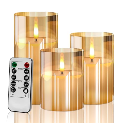 LED-Kerzen, 3-teiliges Set mit dekorativen Kerzen, glitzernder Docht, Kerze ohne Flamme mit Fernbedienung, Timer, realistischer Glas-Effekt, Dekoration für Hochzeit, Party von Nestling