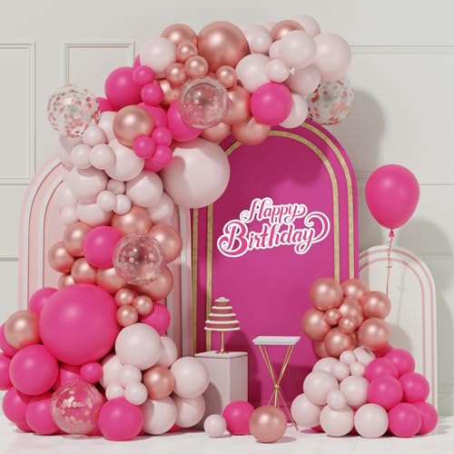 Luftballon Girlande Hot Pink, 99pcs Retro Rosa Rosegold Ballon Girlande Set mit Rose Rot Macaron Rosa Konfetti Ballon, Rosa Geburtstag Party Dekoration für Frau Mädchen Brautparty, Babyparty, Hochzeit von Netnology