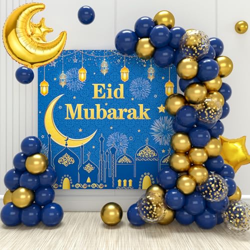 Blau Gold Eid Mubarak Ballon Girlande Set, 74pcs Ramadan Mubarak Party Dekoration mit Eid Mubarak Banner Mond Stern Folienballon, Umrah Mubarak Luftballon Girlande für Muslim Eid Mubarak Feier Deko von Netnology