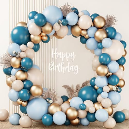 Balloon Arch Kit Junge Blau Beige Gold, 143pcs Ballon Girlande Set Meeresblau Beige Gold, Hellblau Sand Weiße Gold Ballonbogen für Babyparty, Gender Reveal Party Deko, Geburtstag, Kommunion von Netnology