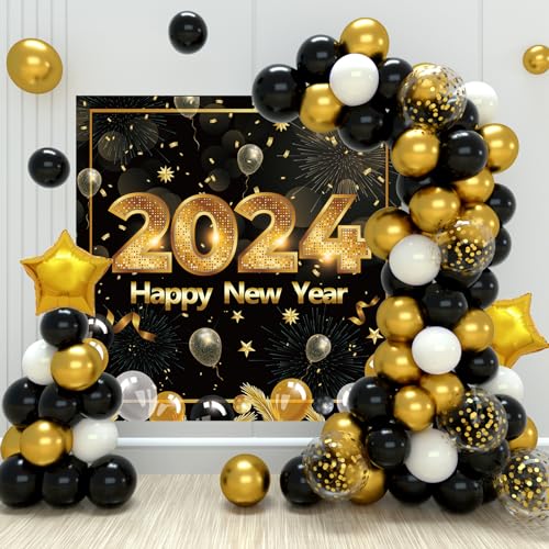 Neujahr 2024 Dekoration Ballon, 100 Luftballons Girlande Schwarz Gold,Schwarz Gold Neujahr Dekoration, Neujahr Luftballons mit Happy New Year Banner für 2024 Silvester Deko, 2024 Neues Jahr Partydeko von Netnology