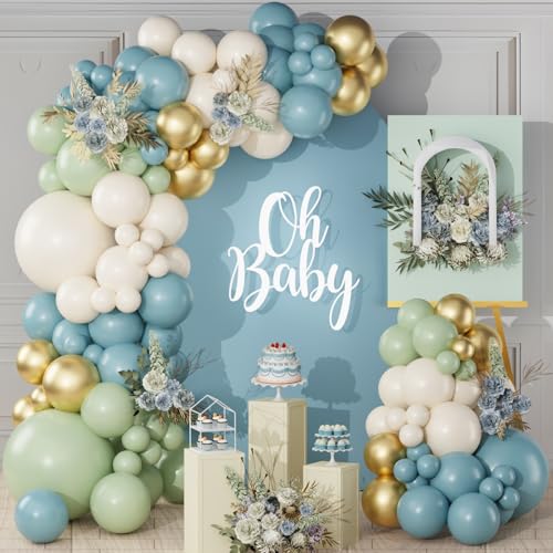 Luftballon Girlande Blau Grün, 119pcs Ballon Geburtstag Girlande Set Salbeigrün Blau mit Sand Weiß Gold Luftballons, Grün Blau Beige Gold Babyparty Dekoration für Geburtstag Hochzeit Taufe Brautpart von Netnology