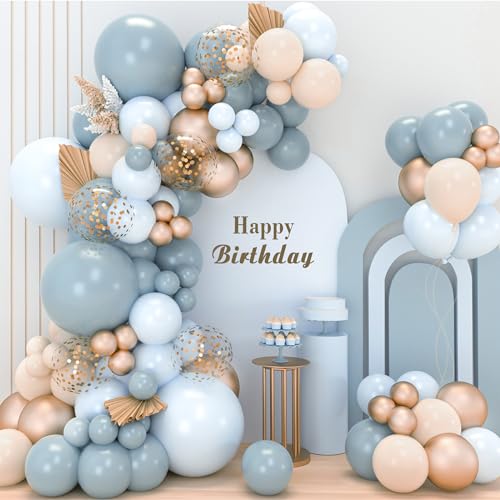 Luftballon Girlande Blau Gold, 106pcs Ballon Girlande Set Pastell Blau Beige mit Hellblau Sand Weiß Gold Konfetti Ballon, Bluey Geburtstag Dekoration Junge für Baby Shower Taufe Hochzeit Party Deko von Netnology