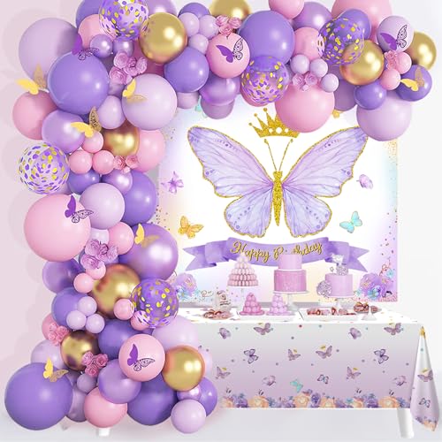 Luftballon Girlande Schmetterling Lila Rosa Set, 101pcs Schmetterling GeburtstagDeko Mädchen mit Ballon Girlande Lila Rosa Gold Schmetterling Aufkleber Hintergrund Tischdecke für Prinzessin Geburtstag von Netnology