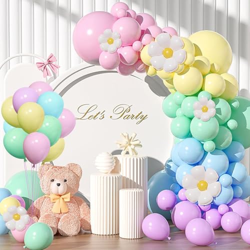 Luftballon Girlande Pastell, 116pcs Geburtstag Deko Mädchen Ballon Girlande mit Rosa Blau Grün Ggelb Lila Luftballons, Pastell Gänseblümchen Kindergeburtstag Deko für Baby Shower Party Hochzeit Deko von Netnology