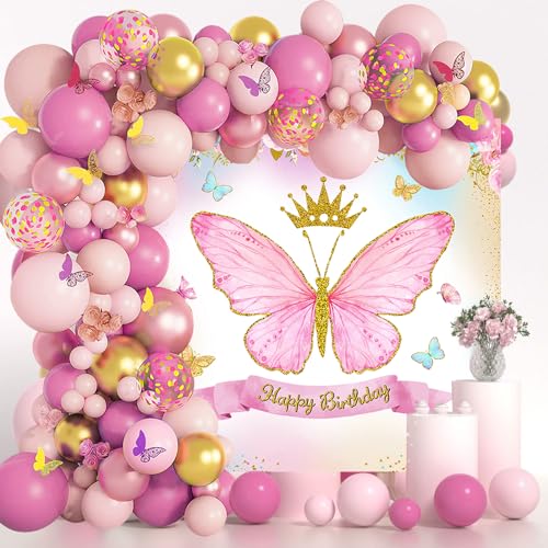 Luftballon Girlande Rosa Gold, 100pcs Pink Gold Ballon Girlande Set mit Schmetterling Aufkleber und Hintergrund, Prinzessin Geburtstag Deko für Mädchen Geburtstag Babyparty Schmetterling Thema Party von Netnology