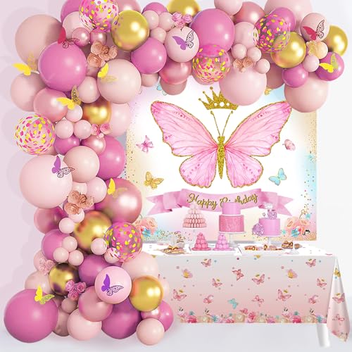 Luftballon Girlande Schmetterling Rosa Gold Set, 101pcs Schmetterling Deko Geburtstag Mädchen mit Ballon Girlande Pink Gold Schmetterling Aufkleber Hintergrund Tischdecke für Prinzessin Geburtstag von Netnology