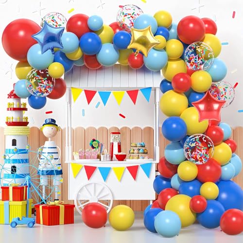 Luftballon Girlande Rot Gelb Blau, 106pcs Zirkus Deko Ballon Girlande Bunt Set mit Stern Folienballons Bunte Konfetti Ballons für Karneval Geburtstag Babyparty Zirkus Thema Party Kinder Dekoration von Netnology