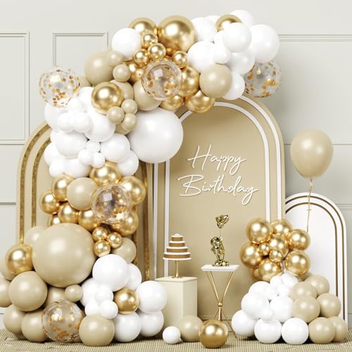 White Gold Balloons Arch Kit, 100 Stück Weißsand Gold Ballon Girlande, Weiß Gold Luftballons mit Beige Ballons für Geburtstag Party Dekoration, Boho Hochzeit, Babyparty, Baby Shower, Verlobung Party von Netnology