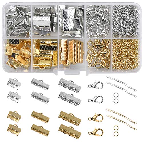 370 Stück Schmuck Basteln Zubehör Verschluss Kette Verlängerungskette Karabinerverschluss Klemmbleche Crimps Clamp Ends Kettenverlängerungen Sprung Ringe für DIY Schmuckherstellung, Gold & Silber von Netspower