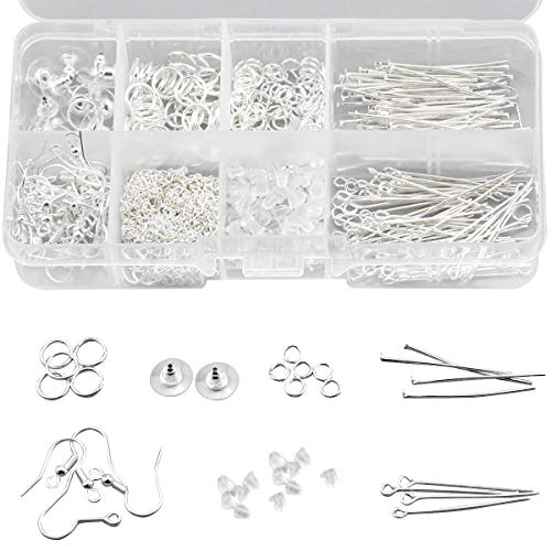 740 Stück Schmuckherstellung Zubehör Set Ohrringzubehör mit 2M Ketten, 8 Arten Schmuck Basteln Zubehör Ohrschmuck Ohrringe Machen Schmuck DIY Basteln Set Ohrhaken Sprung Ringe Jewelry Making, Silber von Netspower