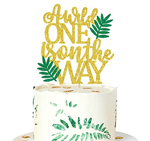 A Wild One is on the Way Cake Topper, Safari Jungle Animal Themed Gender Reveal Decorations, Tropical Hawaiian Luau Themed Baby Shower Party Supply Gold Glitter von Nettuao