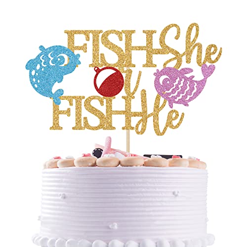 Fish-She oder Fish-He Kuchenaufsatz, Angelthema, Geschlecht offenbaren, Party-Dekorationen, glitzernder Gone Fishing Bobber Babyparty Party Supply von Nettuao