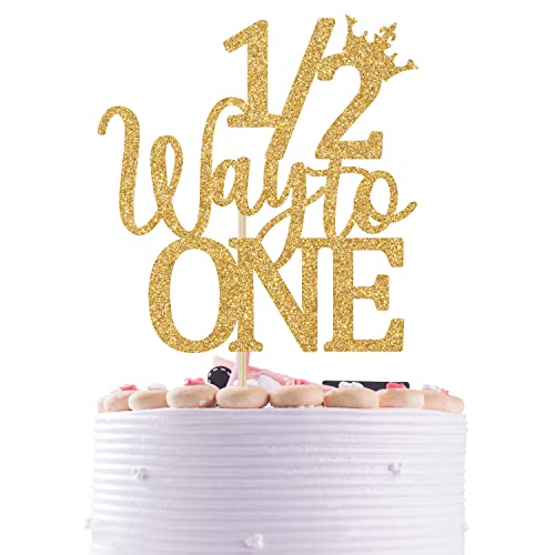 Half Way to One Cake Topper, Happy 6 Months Kuchendekorationen, Baby Junge Mädchen Half Year Old Birthday Party Supply Gold Glitter von Nettuao