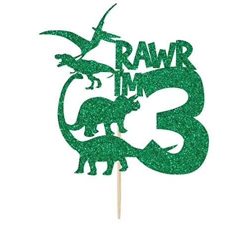 Rawr I'm 3 Cake Topper, Dinosaurier Thema Happy 3rd Birthday Kuchen Dekorationen, 3 Jahre alt Geburtstag Party Dekorationen Grün Glitzer von Nettuao