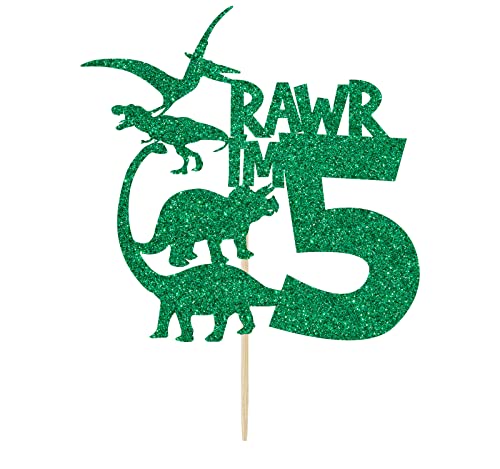 Rawr I'm 5 Cake Topper, Dinosaurier Thema Happy 5th Birthday Kuchen Dekorationen, 5 Jahre alt Geburtstag Party Dekorationen Grün Glitzer von Nettuao