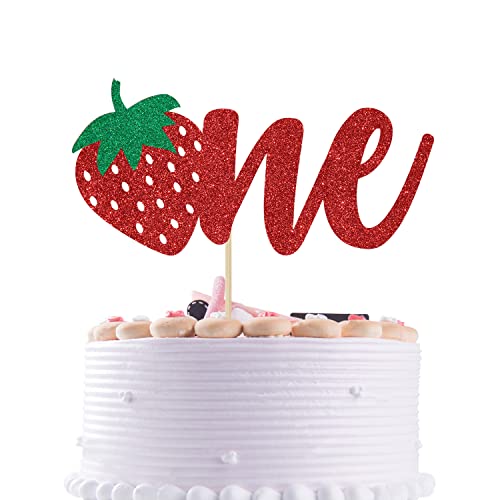 Strawberry One Cake Topper, Baby 1. Geburtstag Dekorationen, Erdbeere Kuchen Topper für 1. Geburtstag Erdbeere Geburtstag Party Supplies Red Glitter von Nettuao