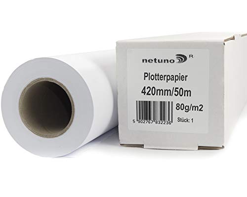 Netuno 1 Rolle Inkjet-Plotterpapier 80g 420 mm x 50 m 50 mm 2 Zoll Kern Zeichenrollen Weiß Matt Unbeschichtet Hochwertiges Zeichen Papier für Baupläne technische Zeichnungen Engineering Papier CAD von Netuno